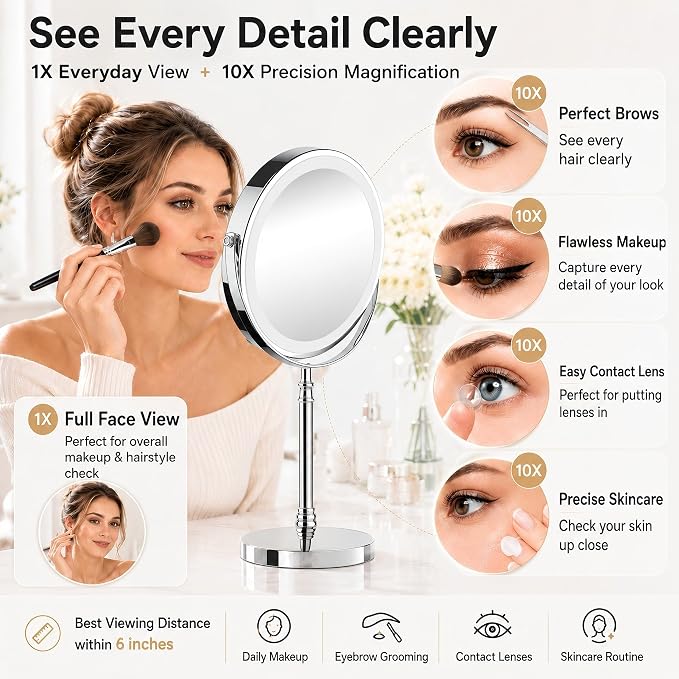 DEIOVWXS Makeup Mirror, Rechargeable Vanity Mirror with 3 Lights, 1X/10X | Adjustable Brightness, 3000mAh, Double-Sided, Gift for Mom, Women, Wife, Girls, Dorm Room Essential