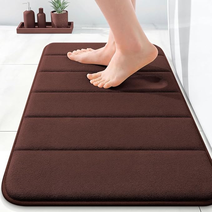 OLANLY Memory Foam Bath Mat 35x16, Super Soft and Absorbent Bathroom Rugs | Brown, Quick Dry Bath Rug, Machine Washable Shower Floor Mats, Bathmat Carpet for Bathroom Floor, Tub and Shower