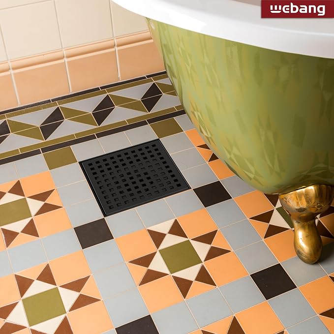 WEBANG 6 Inch Square Shower Drain Black Floor Drain with Flange Square Holes Pattern Cover Grate Removable SUS304 Stainless Steel Watermark&CUPC Certified Matte Black