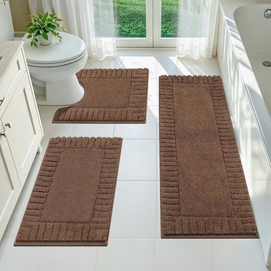 Pauwer Bathroom Rugs Sets 3 Piece, Microfiber Bath Mat Set, Dark Brown | Non Slip Washable, Soft Plush, Extra Absorbent Bath Mats, U Shaped Contour Toilet Rug for Bathroom