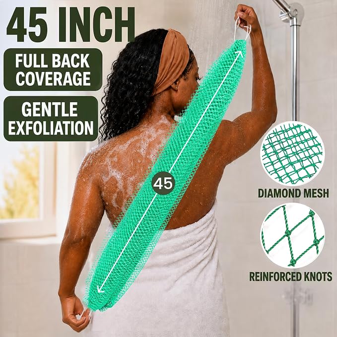 Authentic African Net Sponge, 4 Pack 45-Inch Exfoliating Bath Sponge and Shower Loofah for Body and Back, Colorfast Quick-Dry Knotted Mesh Scrubber with Travel Pouch