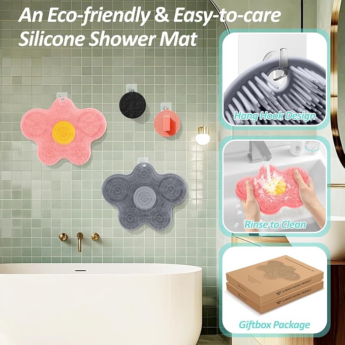 Upgrade Silicone Shower Foot Scrubber Mat & Silicone Body Scrubber Set, Large Wall-Mounted Back Scrubber Back Washer to Clean, Exfoliate and Massage Without Bending(Gray+Body Scrubber)