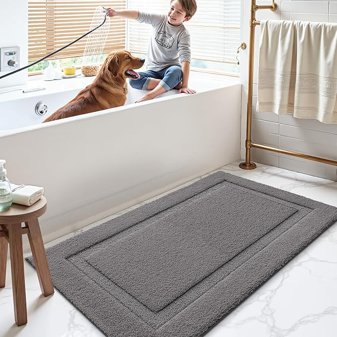 LUMI Large Bathroom Rugs Soft Absorbent, Non Slip Bath Mat 24x43, Dark Grey | Machine Washable with Rubber Backing, Quick Dry, Premium Microfiber Plush Carpet for Bathtub and Shower Floor