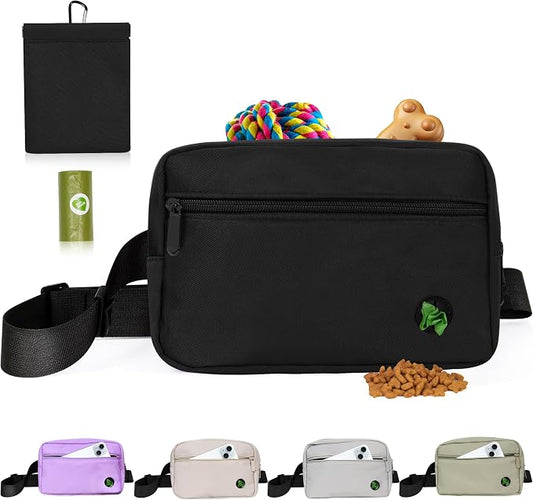 Puppy Dog Treat Pouches for Pet Training Treat Bag, Dog Walking Fanny Pack with Carabiner, Built-in Poop Bag Dispenser & Reuse Dog Poop Holder, Puppy Pet Treat Waist Belt (Black)