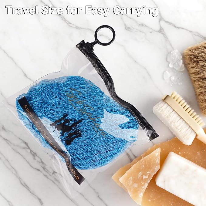 Authentic African Net Sponge, 2 Pack 45-Inch Exfoliating Bath Sponge and Shower Loofah for Body and Back, Colorfast Quick-Dry Knotted Mesh Scrubber with Travel Pouch (Linen & Sky Blue)