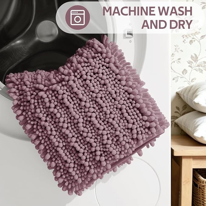 ACCUMTEK Upgrade Extra Large Mauve Bathroom Rug Set 3 Pieces Ultra Soft, Thick Absorbent Bath Mats, Non Slip Chenille Toilet Mat for Bathroom, Bedroom, Kitchen