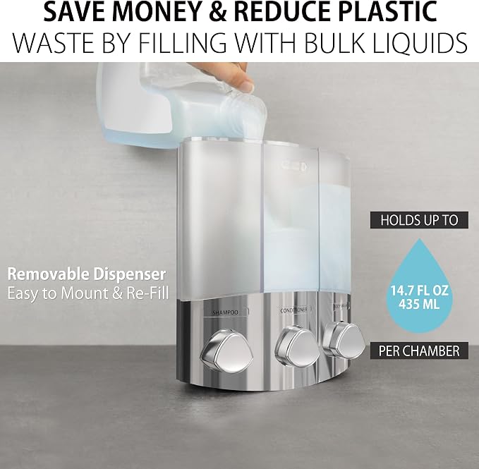 Better Living Products 76344-1 Euro Series TRIO 3-Chamber Soap and Shower Dispenser, Chrome