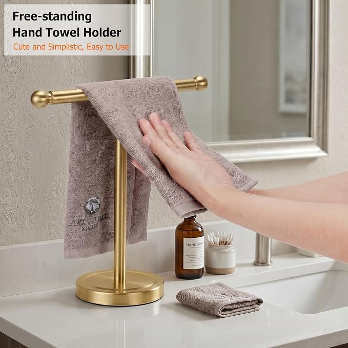 Hand Towel Holder, T-Shape Hand Towel Stand for Bathroom, Hand Towel Rack Bar Standing for Vanity Kitchen Countertop (Gold, Stainless Steel)