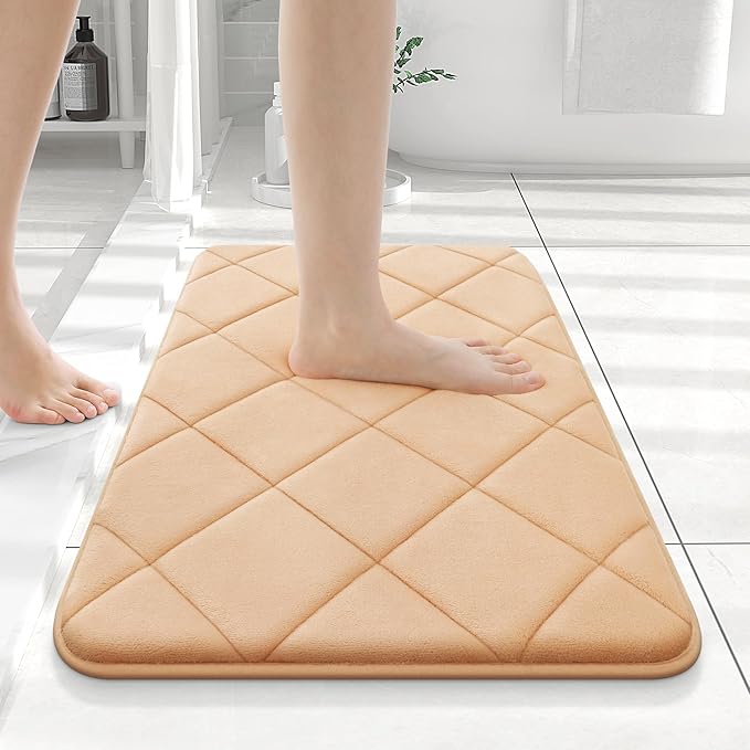 OLANLY Memory Foam Bath Mat 24x16, Ultra Soft and Absorbent Bathroom Rugs | Beige, Quick Dry, Machine Washable Shower Bath Rugs, Comfortable Bath Carpet for Bathroom Floor, Tub and Shower