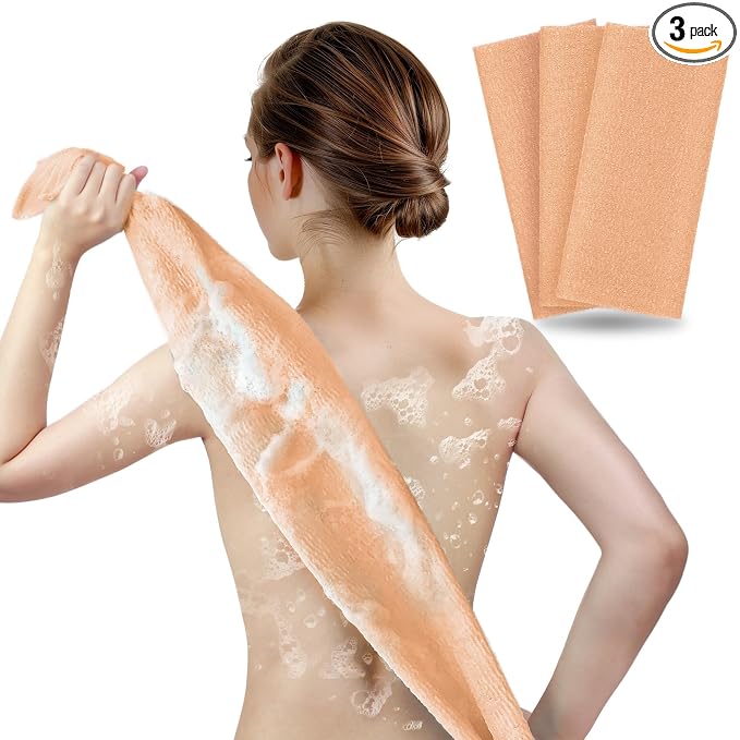 ARCH&M Exfoliating Washcloth & Body Scrubber, Peach, 3 Pack | Back Scrubber for Shower, Smoother Skin, Japanese Beauty Washcloth, Korean Deep Exfoliation, Daily Use, Sponge Loofah
