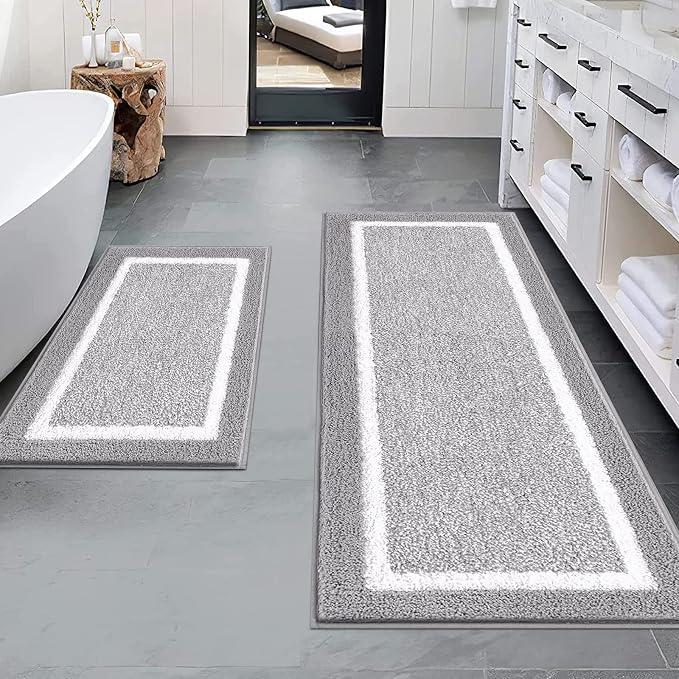 Pauwer Bathroom Rugs Sets 2 Piece, Non Slip Washable Bath Mat, Light Grey | Soft Plush Microfiber, Super Absorbent Floor Carpet, Quick Dry, Shaggy Shower Rug Runner
