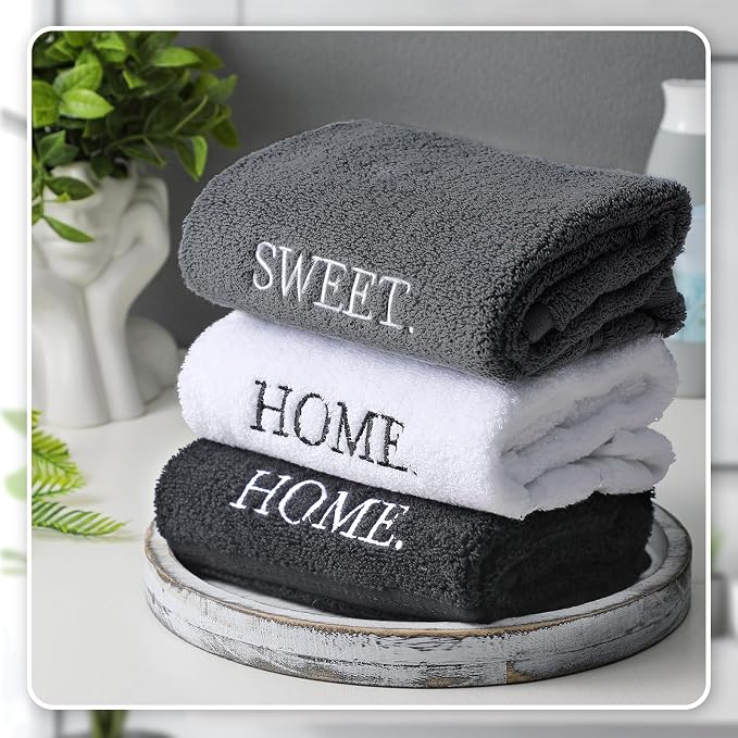3 Pcs Hand Towels Bathroom Set,Black,Home Sweet Home | Embroidered Cotton Farmhouse Towels, Kitchen Decor, Rustic Boho Decorative with Text Labels, Guest Bath Home