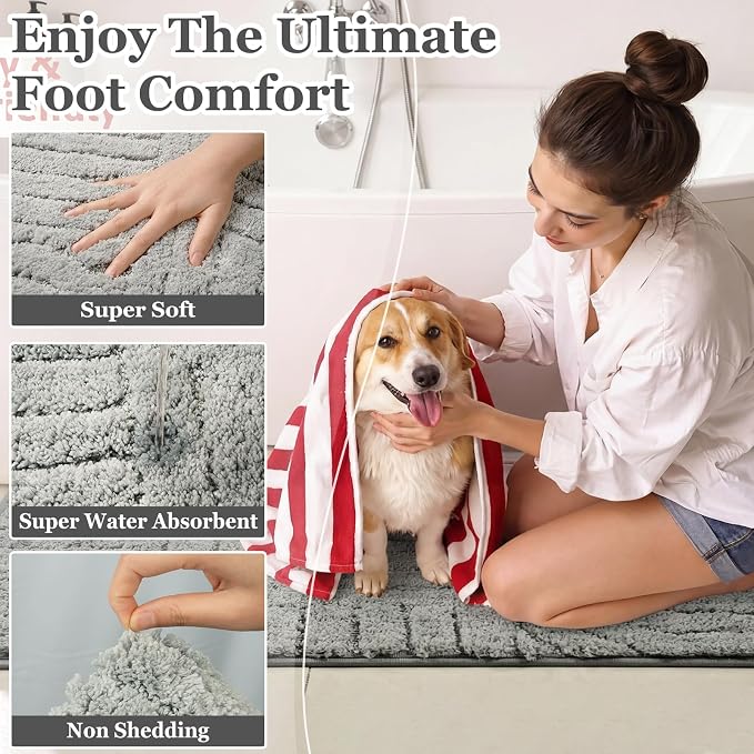 Homcomoda Bathroom Rugs Sets 5 Piece, Soft Absorbent Microfiber Bath Mats and U-Shaped Contour Toilet Rug, Non Slip Bath Rugs Machine Washable Shaggy Bath Room Floor Mats, Grey
