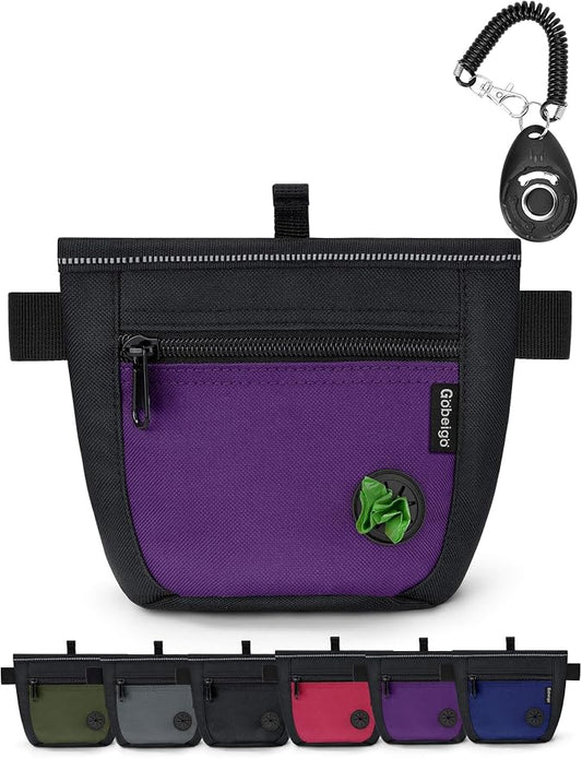 2 Cup Dog Treat Pouch with Training Clicker(Black/Purple) | 2 Pair Magnetic Closures, Zipper Pocket with Poop Bag Holder, Waist Belt & Metal Clip to Wear for Pet Training/Daily Walking