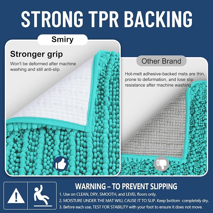 Smiry Bathroom Rugs 44X24, Extra Soft Rubber Backing Chenille Bath Mats | Turquoise Machine Washable Non Slip Quick Dry Bath Mats for Bathroom Floor, Tub, Shower, Home Decor Accessories