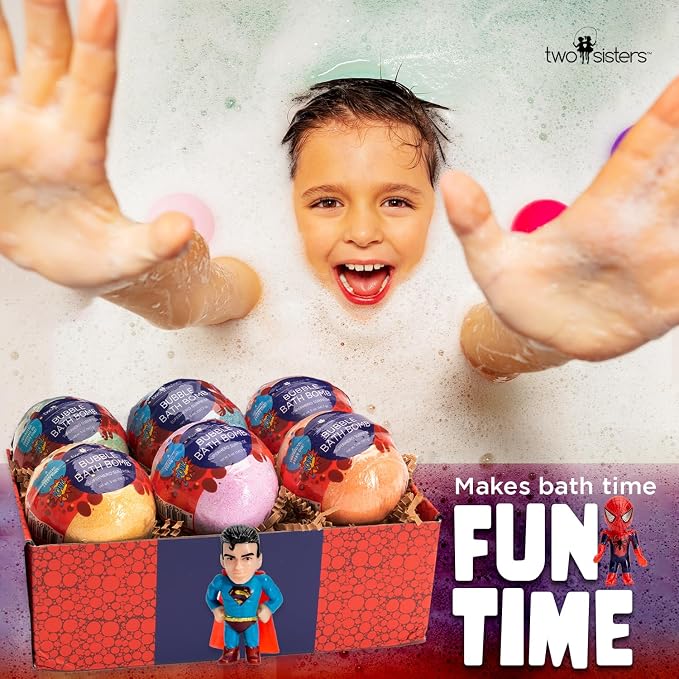 Superhero Bath Bombs for Kids with Surprise Toys Inside (6 Pack) - Large Bubble Bomb Fizzies for Boys, Girls, & Toddlers - Birthday Gift for Kids - Fruity Scent, USA Made by Two Sisters