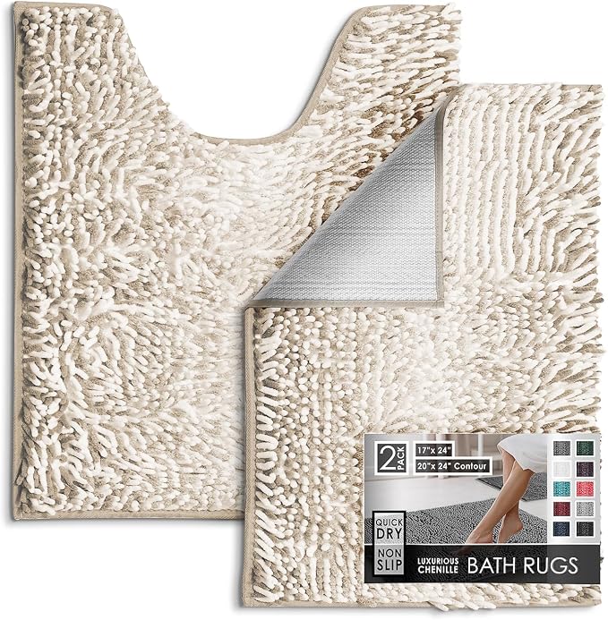 Hearth & Harbor Bathroom Rugs, Chenille Bath Mat - Machine Washable Bath Mats for Bathroom Non-Slip Backing Rubber, Quick Dry Bathroom Mat, 17 x 24 + 20 x 24 - Ombre Beige