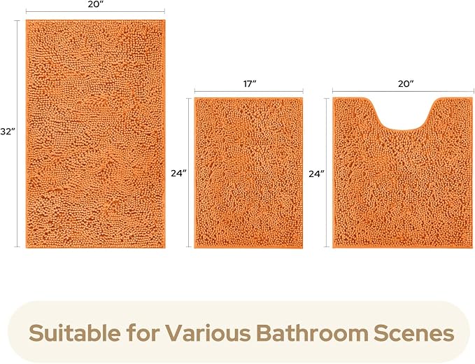 HOMEIDEAS Orange Chenille Bathroom Rugs Set of 3, Non Slip Bath Mat | Super Absorbent, Soft Microfiber, Machine Washable, Stain Resistant, for Bathroom Decor