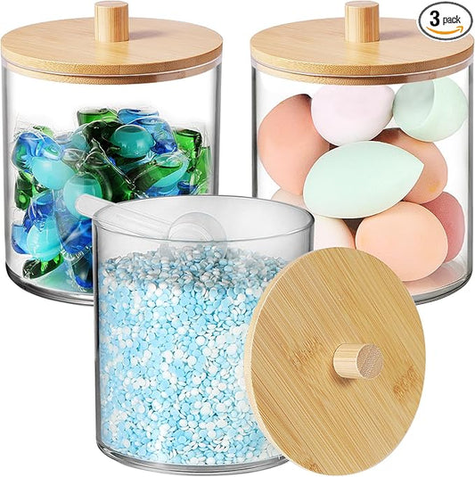 SheeChung 3 Pack 50oz Large Apothecary Jar with Natural Bamboo Lid - Shatterproof Laundry Pods Container for Laundry - Clear Plastic Storage Canister for Scent Beads & Bath Salts with Labels & Spoon