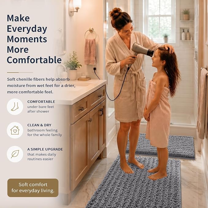 Yimobra Bathroom Rug Set 3 Piece, Super Water Absorbent Bath Mat Set, Grey | Quick Dry Soft Chenille Bath Rugs & Toilet Rug, Non Slip Machine Washable, Extra Thick Shaggy Floor Mat for Shower Tub Sink
