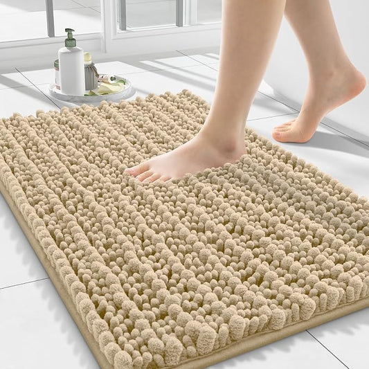 Smiry Bathroom Rugs 24X16, Extra Soft Rubber Backing Chenille Bath Mats | Beige Machine Washable Non Slip Quick Dry Bath Mats for Bathroom Floor, Tub, Shower, Home Decor Accessories