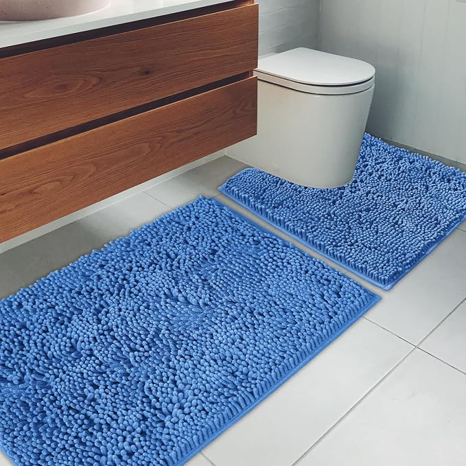 Bathroom Rugs Chenille Bath mat 2 Piece Set, Super Absorbent, Strong PVC Non Slip Backing, Bath mats for Bathroom, Plush Shaggy, Thick, Machine Washable, Bathtub, Toilet.(Snow Cyan)