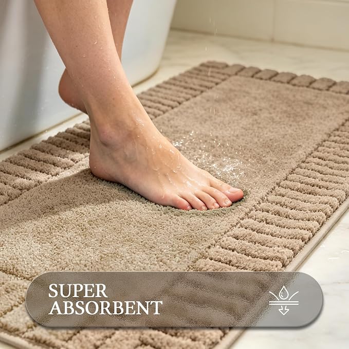 Pauwer Bathroom Rugs Sets 3 Piece, Microfiber Bath Mat Set, Khaki | Non Slip Washable, Soft Plush, Extra Absorbent Bath Mats, U Shaped Contour Toilet Rug for Bathroom