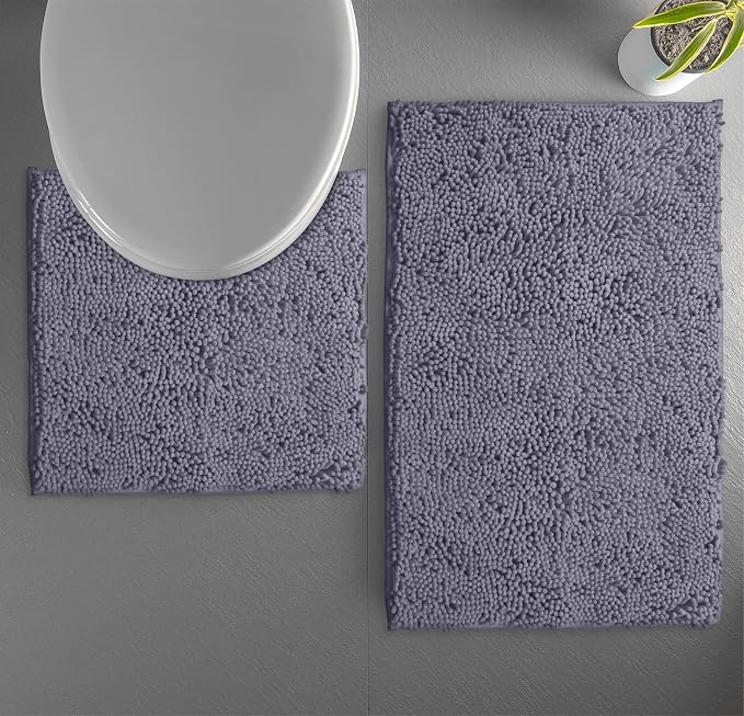 LuxUrux Bathroom Rugs Sets 2 Piece, Bathroom Rug Set, Soft Absorbent Chenille Bath Mat & Contour Toilet Rug, Non Slip, Quick Dry, Machine Washable Shaggy Bathroom Mats (Gray, 20"x30"+20"x20" U-Shaped)