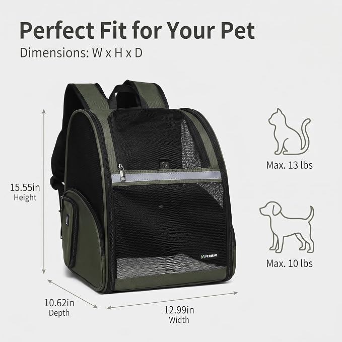 Cat Backpack Carrier for Small Dogs and Medium cat Puppy Kitten Bunny Pet Carrier Backpack Collapsible with Fully Ventilated Mesh with Safety Leash (DarkGreen, 12.9" L x 10.62" W x 15.5" H - M)