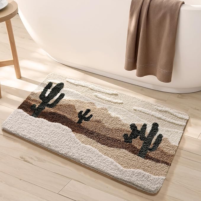 Bathroom Rug Mat, Yellow Desert Cactus Bath Mat with Soft & Non-Slip, Ultra Absorbent Microfiber Shaggy Door Mat, Quick Dry Bath Rug Carpet for Toilet Bathtub Bedroom 20x31 Inch (Yellow)