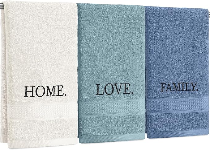 3 Pcs Hand Towels Bathroom Set,Teal,Home Love Family | Embroidered Cotton Farmhouse Towels, Kitchen Decor, Rustic Boho Decorative with Text Labels, Guest Bath Home