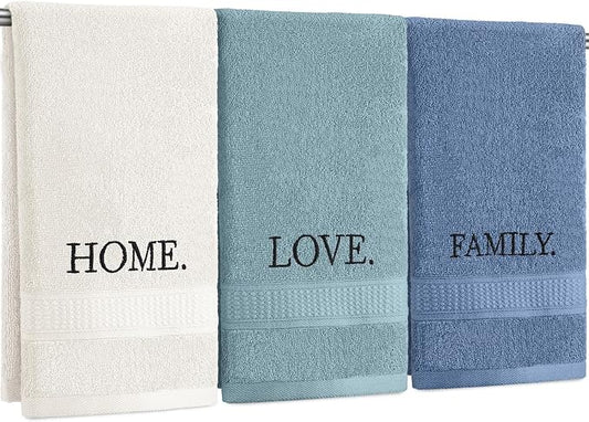 3 Pcs Hand Towels Bathroom Set,Teal,Home Love Family | Embroidered Cotton Farmhouse Towels, Kitchen Decor, Rustic Boho Decorative with Text Labels, Guest Bath Home