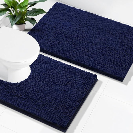 Smiry Chenille Bathroom Rugs Sets 2 Piece (24x16+ U Shape 24x20, Navy Blue) | Soft Absorbent Machine Washable Non Slip Shaggy Bath Rug Set for Tub, Shower, and Floor, Home Decor