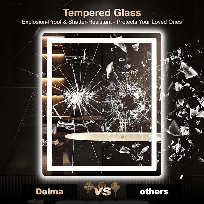 Delma 36x30 LED Bathroom Vanity Mirror with Lights, Anti-Fog, Dimmable | Front & Backlit with 3 Color Modes and Memory, 5mm Shatterproof Glass, Plug-in or Hardwired, Horizontal or Vertical