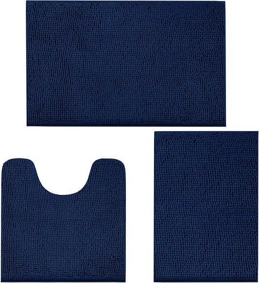 LINLA 3 Pieces Bathroom Rug Set, Absorbent Non Slip Chenille Bath mat | Absorbent Thick Plush Chenille Carpet Mats Set,Washable Dry Quickly with U-Shaped Toilet Mat for Tub, Shower