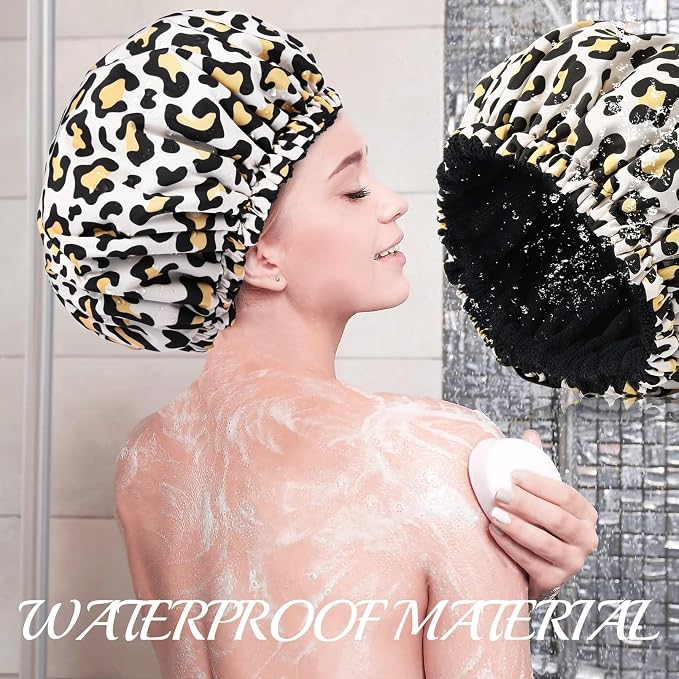 Shower Cap for Women Terry Lined Bath Cap Large Reusable Waterproof Elastic Band Leopard Shower Caps for Long Thick Hair Soft Bath Shower Hair Caps