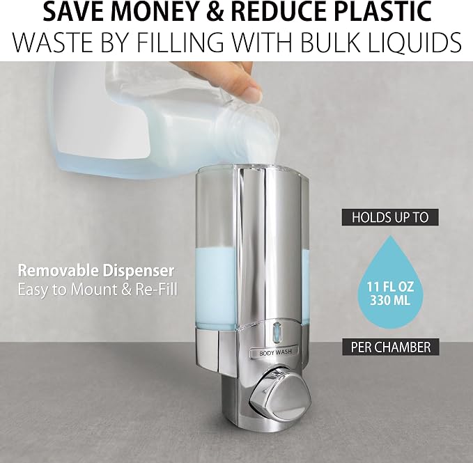 Better Living Products 76245-1 AVIVA Two Chamber Dispenser, Chrome | 2 Chamber, Builet-in Hooks, Flat Wall Installation, No Drill, Shower Soap Pump Dispenser