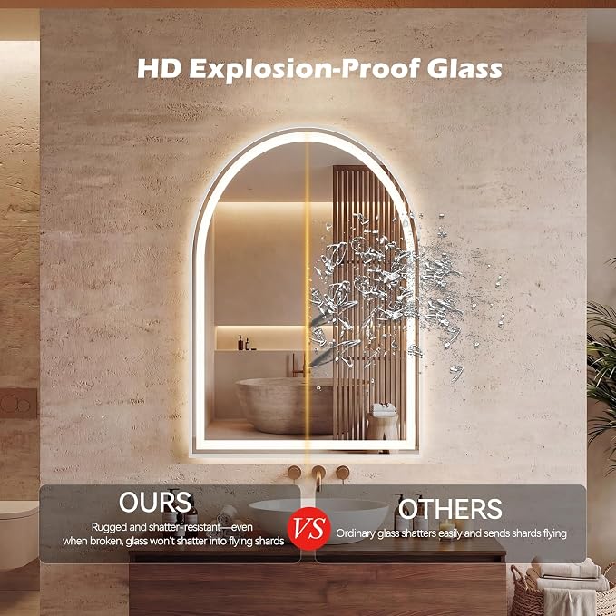 DUMOS 20"x28" LED Bathroom Mirror with Lights, Arched Vanity Mirror | Anti-Fog, Dimmable, 3-Color Light, Memory Function, Front Light and Backlit, Tempered Glass
