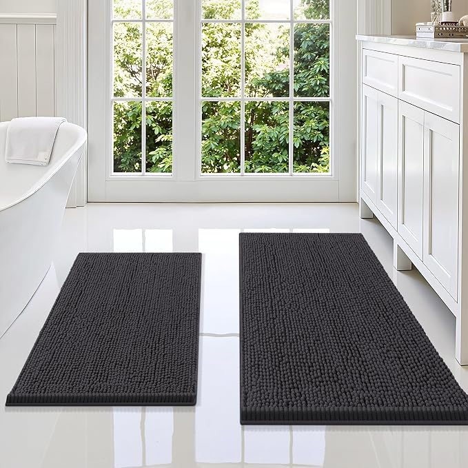 Smiry Chenille Bathroom Rugs Sets 2 Piece (36x24+30x20, Charcoal Grey) | Soft Absorbent Machine Washable Non Slip Shaggy Bath Rug Set for Tub, Shower, and Floor, Home Decor