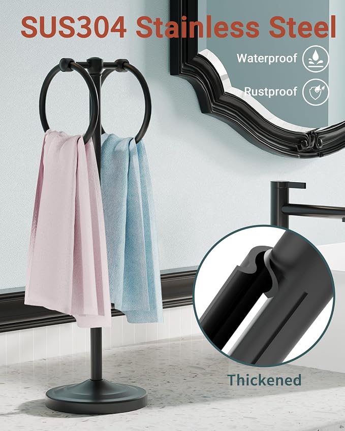 18" Hand Towel Holder Stand, Stainless Steel Free Standing Towel Rack Bar,Double Ring Towel Hanger with Weighted Base, Towel Hardware for Bathroom Vanity Kitchen Countertops(Matte Black)