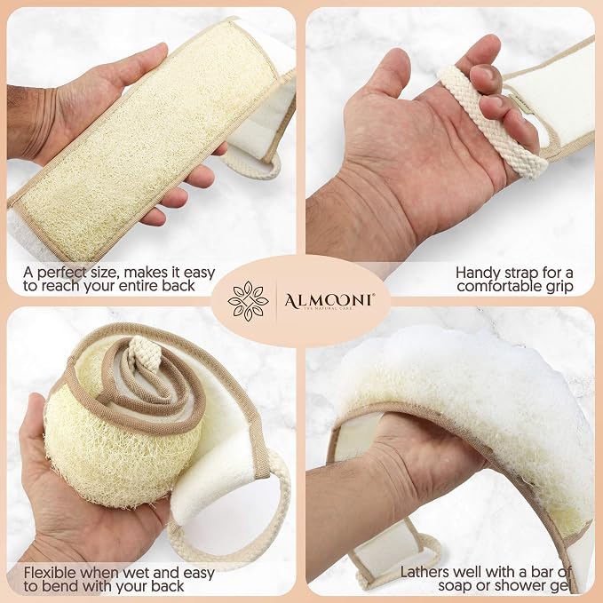 ALMOONI Back Scrubber for Shower, Natural Loofah Sponge, Tan, 1 Count | Natural Egyptian Loofah Sponge, Long Back Scrubber, Cotton Handles, Face & Body, Gentle Exfoliation