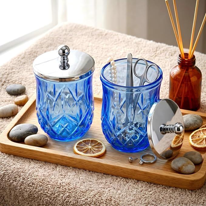 2 Pack Glass Qtip Holder Dispenser Set, Round Bathroom Apothecary Jars with Silver Lid for Cotton Swabs, Balls, Pads, Floss Picks, Vanity Storage Container for Makeup, Candy, Jewelry(10 Oz, Blue)