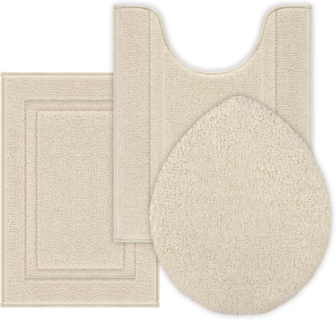 SHACOS Microfiber Bathroom Rugs Set of 3 with Toilet Lid Cover Non Slip | Washable Bath Mat Absorbent Bathroom Carpet 16"x24"+U Shape Toilet Rug 20"x24"+Toilet Lid Cover 19"x21", Light Beige