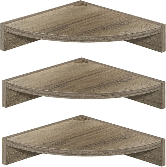 Fun Memories Corner Shelf Wall Mount, Wood Floating Corner Shelves,Corner Wall Shelf for Bedroom, Bathroom, Kitchen, Living Room (Grey, 3 Pack)
