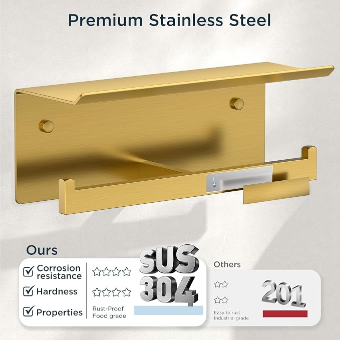 FORIOUS Toilet Paper Holder with Shelf, 304 Stainless Steel Wall Mount Commercial Toilet Paper Dispenser, Double Tissue Roll Holder for Bathroom, Brushed Gold