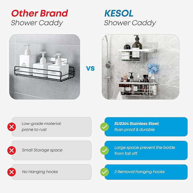 KESOL Shower Caddy and Soap Dish with Hooks Shower Shelf Organizer, No Drilling Adhesive Wall Mounted Bathroom Shelf, Rust Resistant Stainless Steel (2 Pack), Silver