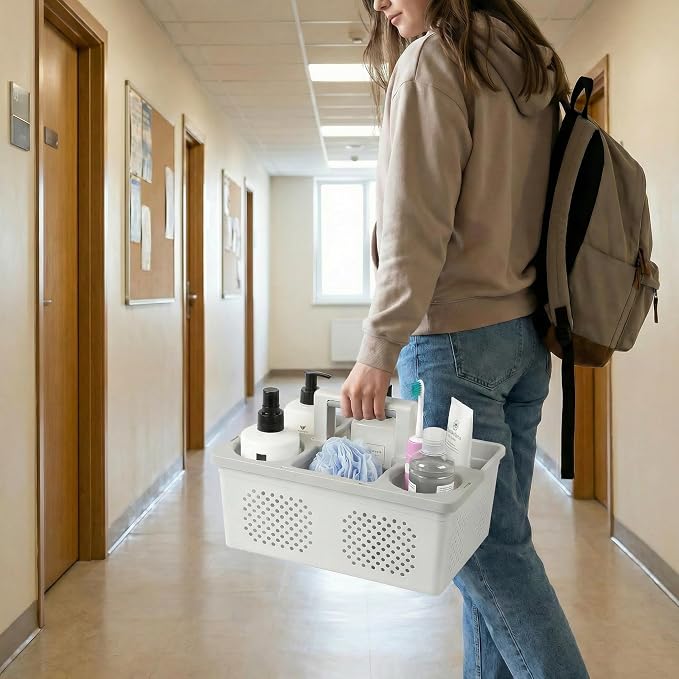KMV Dorm Room Portable Shower Caddy with Adjustable Compartments - Ventilated Drainage Design with Handles, Perfect Toiletries Organizer for College Dorms-gray