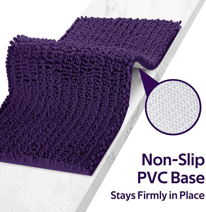ACCUMTEK Upgrade Luxury 2 Piece Dark Purple Toilet Bathroom Rug Mat 48"x20"+24"x17", Ultra Soft Thick Absorbent Bath Mats, Non Slip Chenille Toilet Mat for Bathroom, Bedroom, Kitchen, Shower, Tub