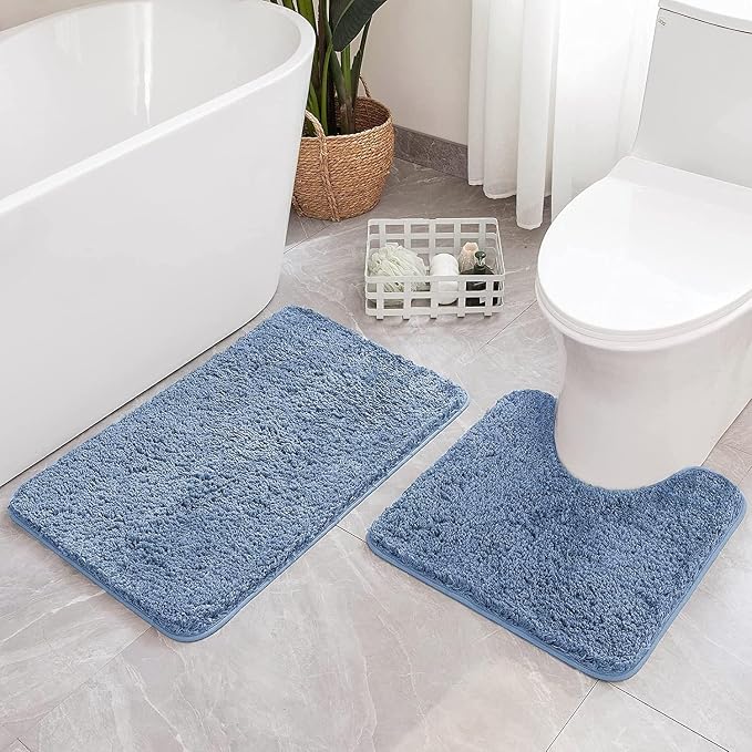 MIULEE Blue Bathroom Rugs Set 2 Piece Soft Bath Mats 20x20+16x24 Inch | Absorbent Microfiber Bath Mat and U-Shaped Toilet Rug, Non Slip, Quick Dry, for Bathroom Floor Tub Showers, Machine Washable