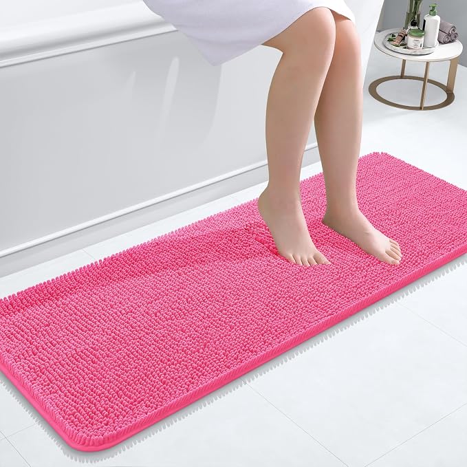 OLANLY Bathroom Runner Rugs 47x17, Extra Soft Absorbent Chenille Bath Rugs | Hot Pink, Quick-Drying Rubber Backing, Washable Long Bath Mat for Bathroom Floor, Tub and Shower, Home Decor Accessories